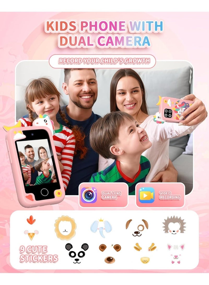 لعبة هاتف تعليمي بشاشة لمس للأولاد والبنات من 3 إلى 10 سنوات، شاشة 2.8 بوصة بكاميرتين مزدوجة، ألعاب تعليمية، مشغل موسيقى، تتضمن بطاقة ذاكرة 8 جيجابايت - وردي - Image 4